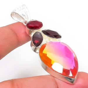 Bi-Color Tourmaline, Garnet Gemstone 925 Sterling Silver Jewelry Pendant 2.48" - Picture 1 of 5
