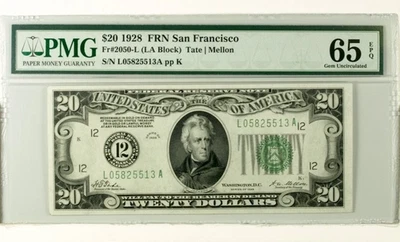 1928 $20 Federal Reserve Note San Francisco PMG 65 Numeric District - Image 1 of 2