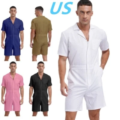 Men's Solid Color Rompers Jumpsuits Zipper Short Sleeve Coveralls Overalls - Image 1 of 4