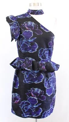 Nicole Miller черный синий цветочный органза пеплум оборки одно плечо платье размер 2 - Изображение 1 из 4