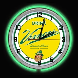 15" Vernors Ginger Ale Green Double Neon Clock Kitchen Decor - Picture 1 of 2