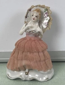 Vintage Dresden Lace Standing Victorian Lady Figurine Parasol Pink Dress Japan - Picture 1 of 7