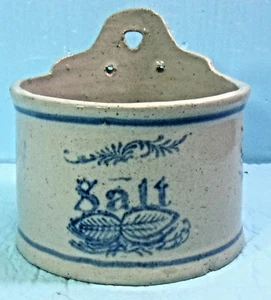 BRUSH McCOY BLUE & WHITE STENCILED WILDFLOWER POTTERY-STONEWARE HANGING SALT - Picture 1 of 6