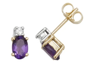 Diamond Stud Earrings 9ct Carat White/Yellow Gold 0.08 Carat with Amethyst - Picture 1 of 3