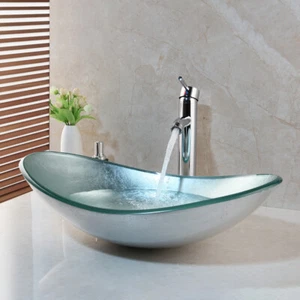 US Oval Tempered Glass Bathroom Vessel Sink Bowl Chrome Mixer Tap Faucet Set - Picture 1 of 10