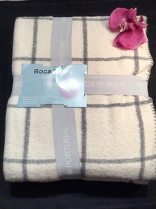 Roca Home QUEEN Blanket 90 x 90 Off White & Grey plaid Portugal Cotton Blend - Picture 1 of 7