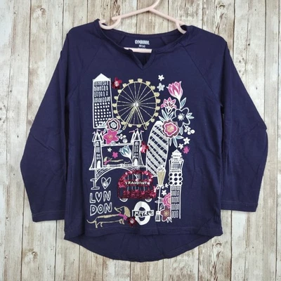 Gymboree Girls London Navy Blue Glitter Gems Sequin T-Shirt Tee Size XS (4) GUC - Image 1 of 4