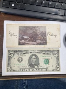 1974 US $5 Federal Reserve Note With Card some stains from aging folded off cut - Picture 1 of 7