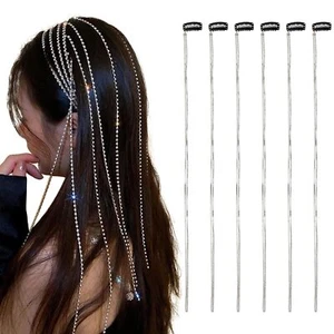 6 Pcs Rhinestone Hair Chain Shiny Punk Tassel Hair Clip Crystal Hair Extensio... - Picture 1 of 6