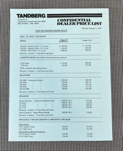 TANDBERG VINTAGE AUDIO: DEALER PRICE LIST JANUARY 1, 1979 J01063 - Picture 1 of 2