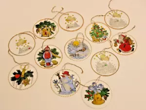 VTG Glass Christmas Images Round 2 3/4"” Traditional Colors Edged in Gold - Picture 1 of 4