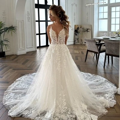 Vestido de novia de encaje de diseñador vestido de novia sin espalda hecho a medida tren 2-28W marfil Foto 1 de 4