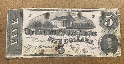 T-53 Dec 2, 1862 Confederate States currency $5 CSA CIVIL WAR Note money - Image 1 of 4