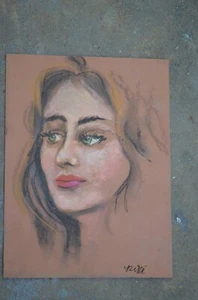 Pastel Portrait Woman Original Art Pastel on brown paper signed 9x12" - Picture 1 of 4