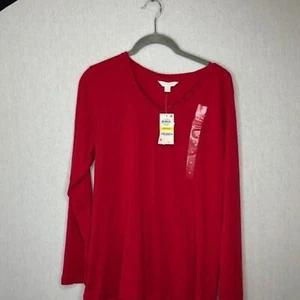Charter club vneck long sleeve lace trim pj Top red small - Picture 1 of 6