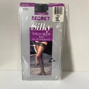 Vintage Lycra Secret Lace Top Thigh Highs Black Average Stockings New Old Stock - Imagen 1 de 4