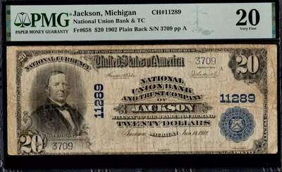 $20 1902 National Union Bank & Trust Co. JACKSON, MI Ch# 11289 PMG VF 20 - Image 1 of 2