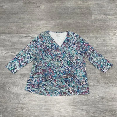 Blusa Talbots Feminina Plus 2X Manga 3/4 Decote V Top Túnica Paisley Boho Praia - Imagem 1 de 4