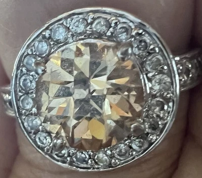 925 Sterling Silver Peach Faux Morganite and CZ Halo Statement Ring Size 9.5 - Image 1 of 3