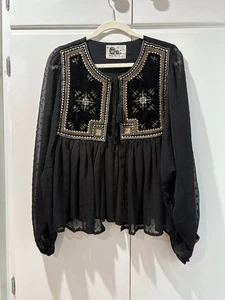 Owls Peace + Love Top Black Sheer Velvet Embroidered L - Picture 1 of 12