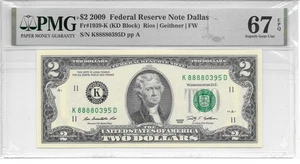 2009 Dallas $2 FRN Lucky Money KD Block PMG 67 EPQ Superb Gem Unc. (K8888xxxxD) - Picture 1 of 10