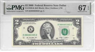 2009 Dallas $2 FRN Lucky Money KD Block PMG 67 EPQ Superb Gem Unc. (K8888xxxxD) - Image 1 of 4