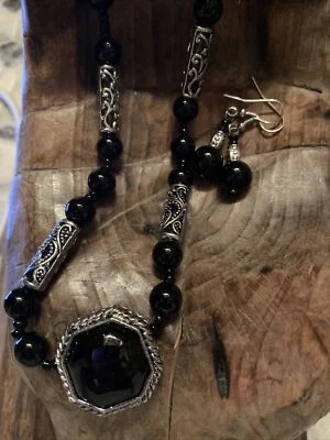 3 Pc Vintage Choker Necklace & Earrings Pewter Onyx Beaded Victorian Set 18” Adj - Image 1 of 4