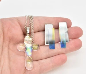 24" Silver-T Dichroic Glass Cross Pendant Chain Necklace/Pierced Earrings - Picture 1 of 3