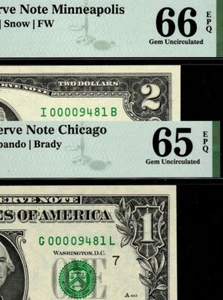 1988A $1 & 2003 $2 Matching Low 4 Digit S/N I00009481B & G00009481L PMG 65 66 CE - Picture 1 of 4