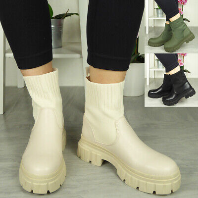 Sock Ankle Boots Shoes Ladies Mid Calf Casual Buckle Chunky Winter Pull On Size • 15.60€