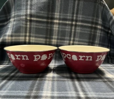 2 World Market Enamelware Popcorn Serving Bowls Red 6.5” “More Popcorn Please” - Image 1 of 4