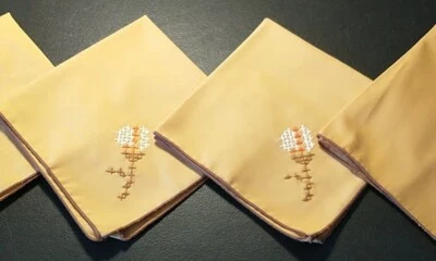 Vintage 70s Embroidered Set of 4 Tan Orange Brown Cloth Napkins Square Primitive - Image 1 of 4