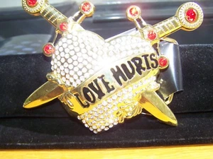 Hot Buckles Gold Heart Swords Love Hurts Rhinestone Belt Buckle 4.75" Wide - Picture 1 of 4