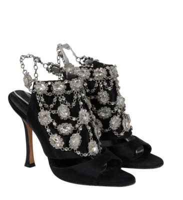 Manolo Blhanik Women Crystalized Embellished Sandals US 7.5 EU 37.5 Black Satin - Image 1 of 4