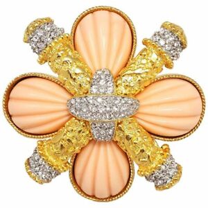 KJL Kenneth Jay Lane Crystal and Coral Colored Maltese Cross in Gold