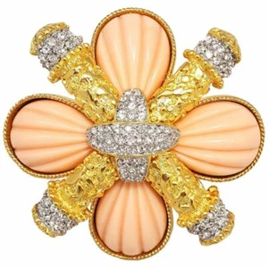 KJL Kenneth Jay Lane Croce Maltese Colore Cristallo e Corallo in Oro - Foto 1 di 4