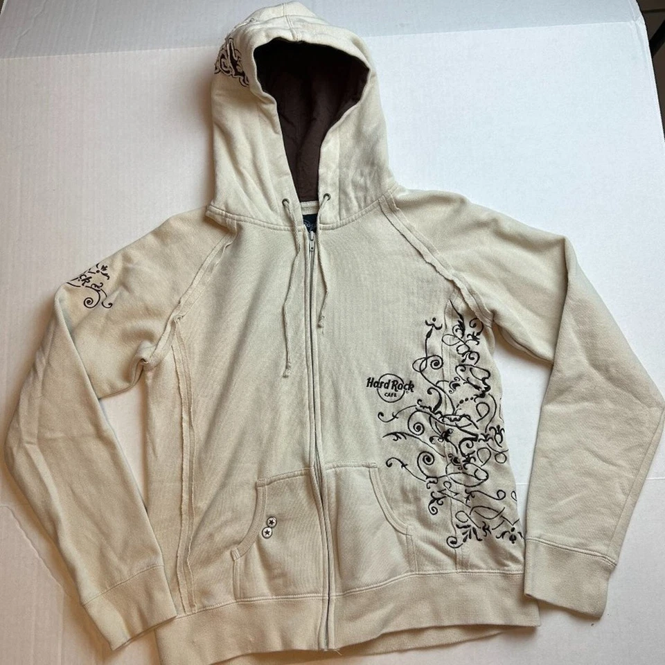 Hard Rock Cafe Women's Cream Colored Decorated Zip Hoodie Size Large - Image 1 of 3
