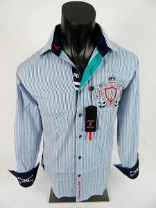 Mens Absolute Rebellion Shirt Aqua Blue Stripe Embroidered Button Front Acapulco - Picture 1 of 7