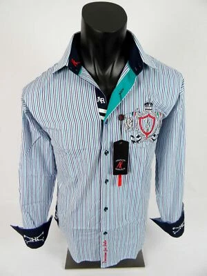 Mens Absolute Rebellion Shirt Aqua Blue Stripe Embroidered Button Front Acapulco - image 1 of 4