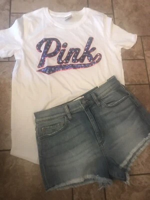 NWT Victoria Secret S Sequin Bling Tee & Size 6 Denim Short Shorts 4th Of July - Image 1 of 4