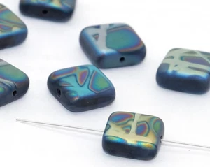 2 SMALL CZECH GLASS MATT SQUARE BEADS WITH BLUE GREEN PEACOCK DETAIL, 10 MM - Picture 1 of 3