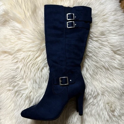 RIALTO CAHOON женщин колена высокий каблук загрузки темно-синий искусственной замши серебристого тона пряжки 6,5 - Изображение 1 из 4