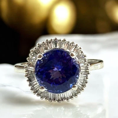 Anillo Rhapsody platino 3,10 quilates AAAA tanzanita y halo de diamantes talla 7 con papeles Foto 1 de 4