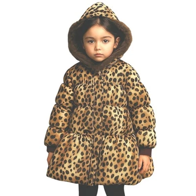 Abrigo acolchado con capucha estampado de leopardo Lands End Kids Streetwear ribete de piel sintética L 14 Foto 1 de 4