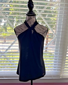 Anne Klein ärmellose Bluse mit Bindekragen Stretch Top Schlüsselloch schwarz orange geblümt S - Bild 1 von 6