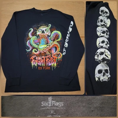 Six Flags Fright Fest Black Long Sleeve Size XL Mens Halloween Kraken Zombie  - Image 1 of 4