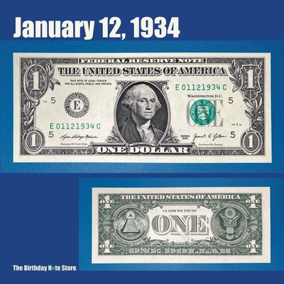 January 12, 1934 Birthday Anniversary $1 One Dollar Bill Serial Number 01121934 - Image 1 of 2