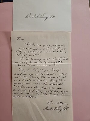 St. Louis Cardinals / Minnesota Twins BUD BLOOMFIELD autographed Letter & Card - Image 1 of 2
