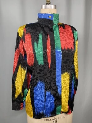 Blusa Top Vintage TALLA 12 GRANDE Negro Bloque de Color Rojo ADAMO 80s 90s Cuello Alto Foto 1 de 4