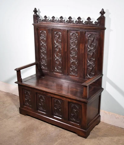 *Antique French Gothic Revival Oak Wood Bench/Settee/Chair Highly Carved Wood Cover